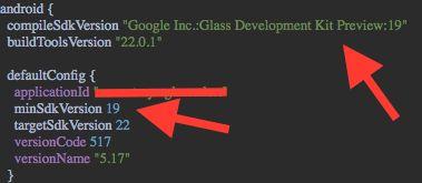 In your Gradle file, in compilesdkversion you will have to indicate the Glass Development Kit and your minimum