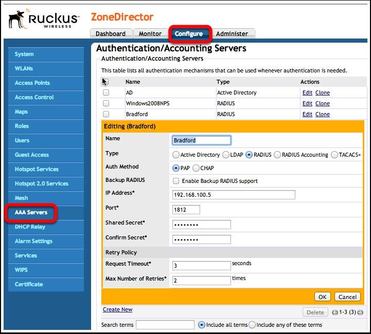 Network Sentry As Radius Server After logging into the ZoneDirector, go to Configure->AAA