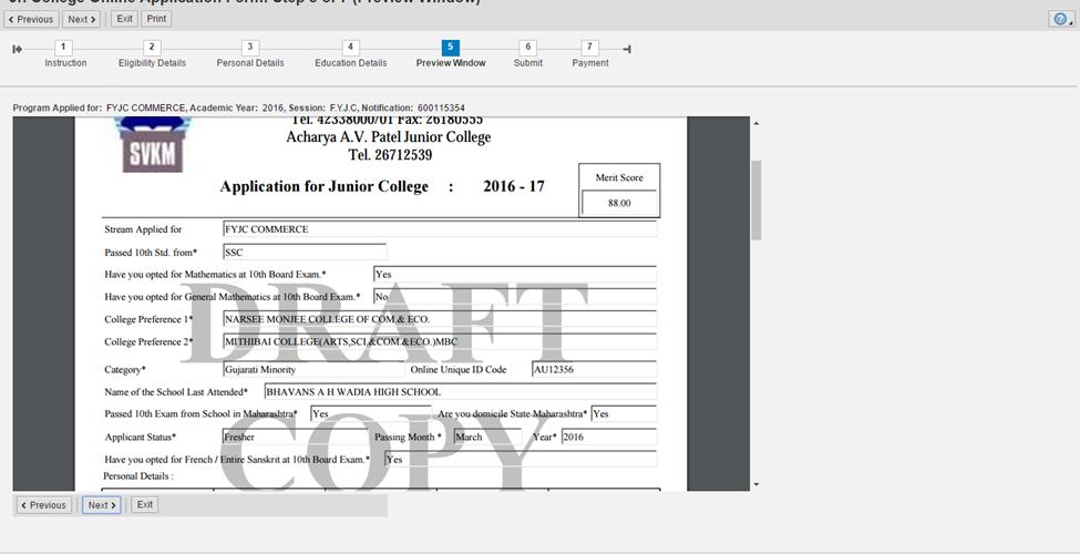 Step 5: Preview Details This is draft copy without application number just to check all details