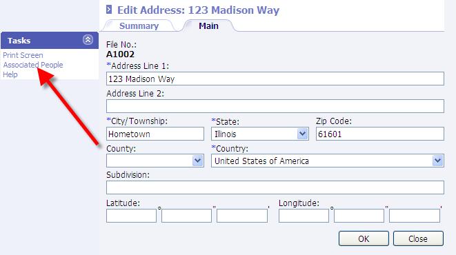 Associated People Once an address record is created, the person(s) associated with this address may be viewed. From Census Addresses, search for and select the address.