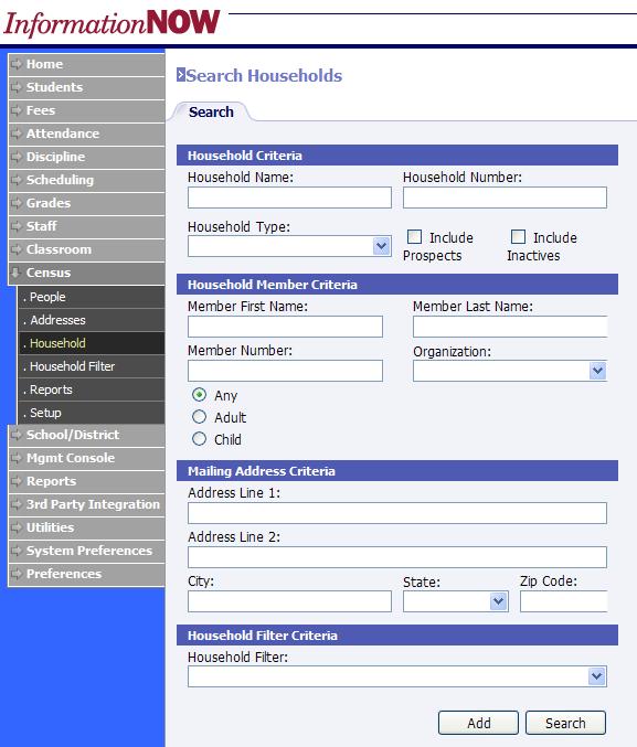 From the Census Household screen, users may insert a new household record by clicking Add or