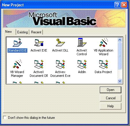 1. VISUAL BASIC DARBO APLINKA Programa Visual Basic paleidžiama paspaudus programos ikoną arba du kartus spragtelėjus ant pavadinimo instaliuotų programų sąraše. Atsidaro dialogo langas (2 pav.