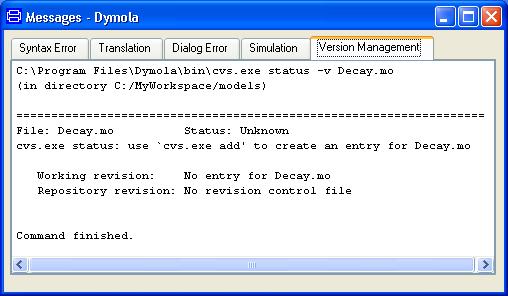 Information in the Message window. Informaton in the Message window. Informaton in the Message window. Informaton in the Message window. Next we perform the command File > Version > Add Model to make the model s file known to the version management system.