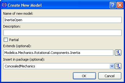 Modelica.Mechanics.Rotational.Components.Inertia. The dialog will look like: The resulting code when looking at the Modelica Text layer will be: model InertiaOpen extends Modelica.