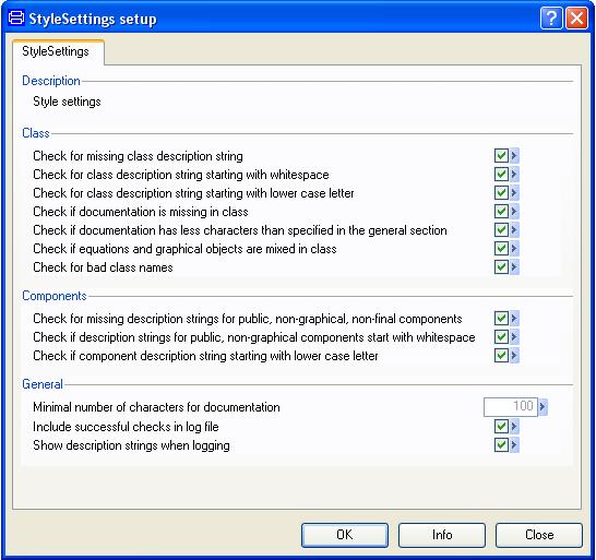 Stylecheck setup dialog. The stylecheck can be customized by selecting appropriate checks in the checkboxes.
