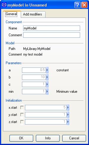Parameter dialog of MyModel. Example model.