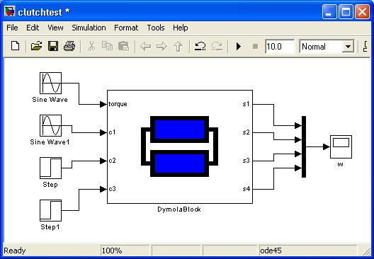 Simulink model of the coupled clutches example. Simulink simulation output.