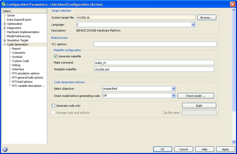 Configuring Simulink Coder. DS1005 platform, choose rti1005.tlc. The default build process can be used without change.