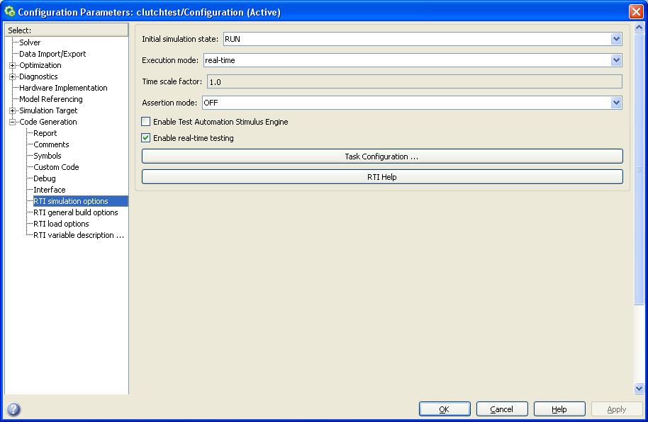Configuring the dspace RTI. The final configurations are related to the dspace real-time interface (RTI). Under RTI simulation options, it is, e.g., possible to set the initial simulation state and execution mode.