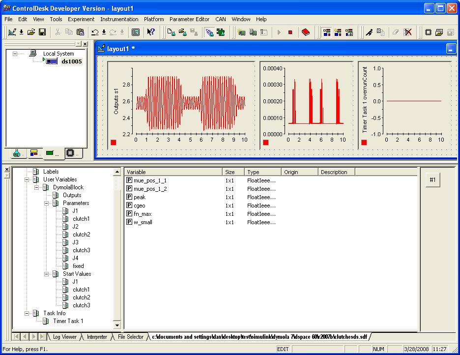 Simulation of the coupled clutches demo example using dspace ControlDesk. Note that for dspace SCALEXIO, the build process is configured and started from dspace ConfigurationDesk.