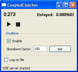 Example of Dymosim interface. The example above shows the GUI for the model CoupledClutches, simulated with realtime (synchronization) using a slowdown factor of 100.