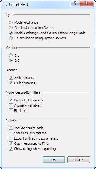 This dialog corresponds to the export part of the FMI tab of the simulation setup,