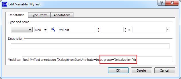 Clicking OK will also add the annotation to display this start value in an Initialization group, taking up the menu again after having