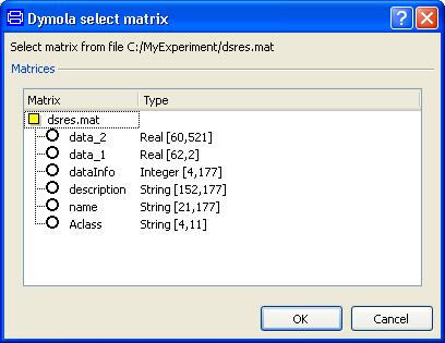 Selection of matrix in a.mat file. As an example just to show how the annotation works a user might want to read a matrix in the file dsres.