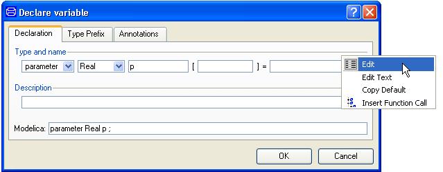 Editing attributes of variables. Checking of input data It is possible to declare parameters with minimum and maximum values, which are then checked by Dymola when the user sets a parameter value.