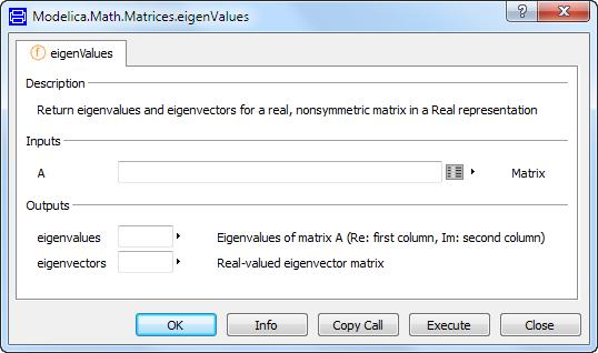 It contains a submenu My Matrix Functions with two menu items; sin and cos. When selecting eigen values, the dialog of Modelica.Math.Matrices.