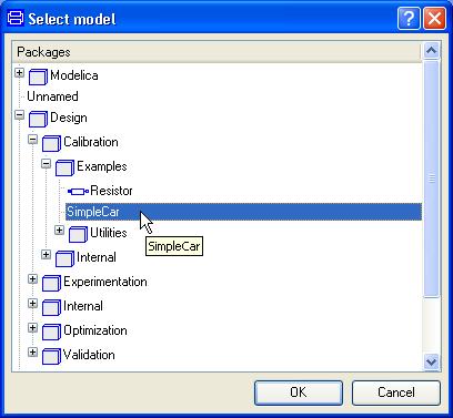 Selecting model to calibrate. To specify the model to be calibrated, click on the Browser icon to the right of the input field. A package browser pops up. Use it to select the model. Click OK.