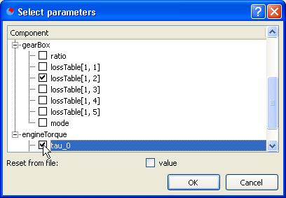 Selecting parameters to tune. gearbox.losstable[1, 2] and enginetorque.tau_0 Click OK. The result will be Please do not close any window, continue to the next section. 2.2.6 Free start values The start value of a state may be unknown.