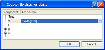 Couple output and data. Click Couple file data residuals. A browser similar to that for connecting file data inputs is popped. Select v to be compared with Voltage [V] in the csv file. Click OK.