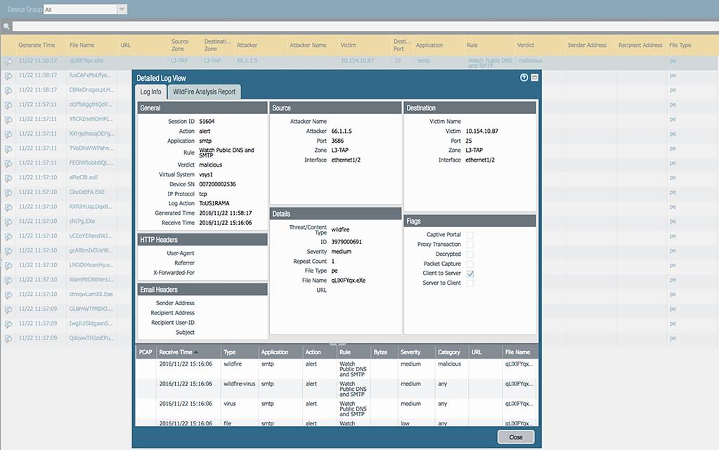 Figure 8: Detailed views into traffic, threats, URL filtering, WildFire, data filtering logs and more In the Monitor tab, you can find WildFire submission logs, which contain malware analysis details