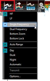 The various sounder display modes can be selected from the "Sounder Mode" or "Sounder Display" buttons located in the Ribbon of a Sounder Work Space: Single Frequency The single frequency mode shows