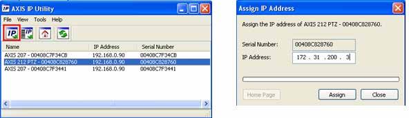 Installation To change the IP address of the Camera, select the camera in the list and click on the assign new IP address to selected device button.