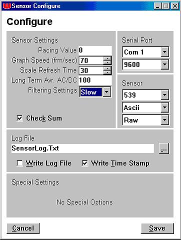 When the Configure button is pressed, the following window is displayed: FIG. 3 SENSOR CONFIGURE WINDOW The output of the sensor can be slowed down by entering a Pacing Value.
