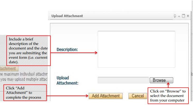 Researchers are able to attach document(s) to the event form through the Attachments tab.