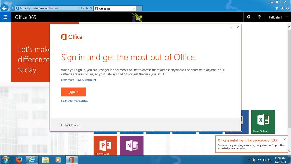 22. You are now prompted to sign in to Microsoft Office. Click the Learn more link to understand the advantages and then sign in if you are interested.