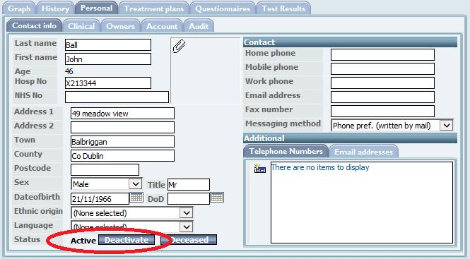 84 Dawn Version 7 E-Manual. From the main patient screen, select the Personal/Contact Info tab. 2. Press the Deactivate button.