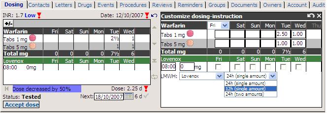 When you press enter or Save or close the Customise Instruction form, a syringe icon is displayed against each of the days you selected for this LMWH dose and time. 6.