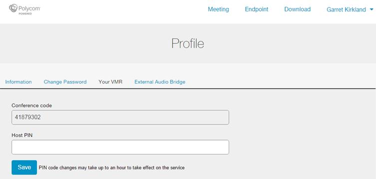 (Note: The Conference code is your VMR number.) 3 Enter the numeric code in the Host PIN field and click Save. You are not required to have a host PIN to conduct meetings.