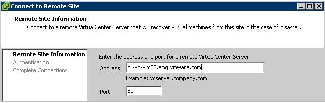 Site Recovery Manager Evaluator Guide Figure 3.2 Once the remote VC servers information has been entered you will be presented with the following Connect to Remote Site window. Figure 3.3 Once reciprocity has been established, click Close to complete the setup.