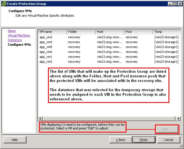 Select the datastore that will store the temporary virtual machine files and click Next which will take you to the next Create Protection Group window shown in Figure 3.9.