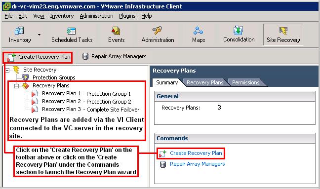 In Figure 3.13 the VI Client lists three Recovery Plans that were created by working through the Recovery Plan wizard.