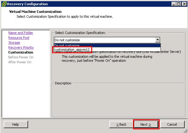22. From the drop down box select the virtual machine customization profile you wish to assign the protected VM, in this