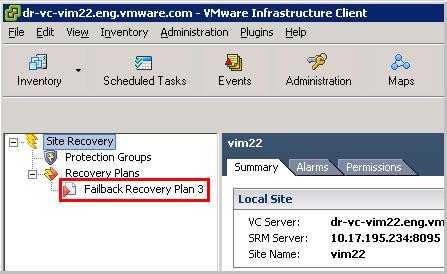 Site Recovery Manager Evaluator Guide the designated VMs in Site A. Refer to Figure 6.9 which shows RP 2 (Failback Recovery Plan 3) which was created in Site A. Figure 6.9 12.