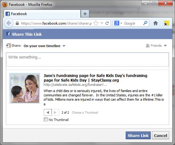 Share your page on Facebook To share your page on Facebook, click the Facebook button. Once you click on the Facebook button, you will see this message and you can edit it or send as is.