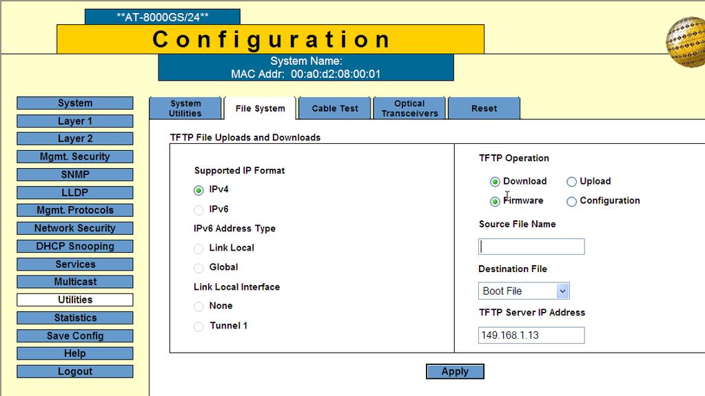 Figure 2. File System Tab 3. Select the type of TFTP operation to perform. Click both of the following: Download Firmware 4.