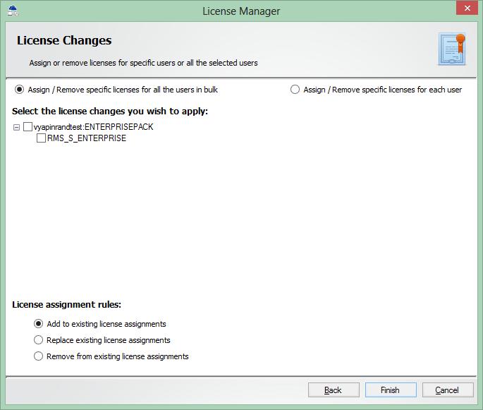 License changes In this window, you can specify the license changes you want to make.