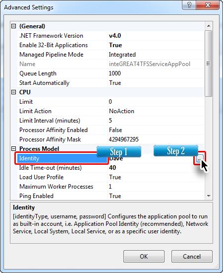 4. Select integreat4tfssrv option (center-pane) and then click on Advanced Settings under Edit Application Pool in right-side pane.