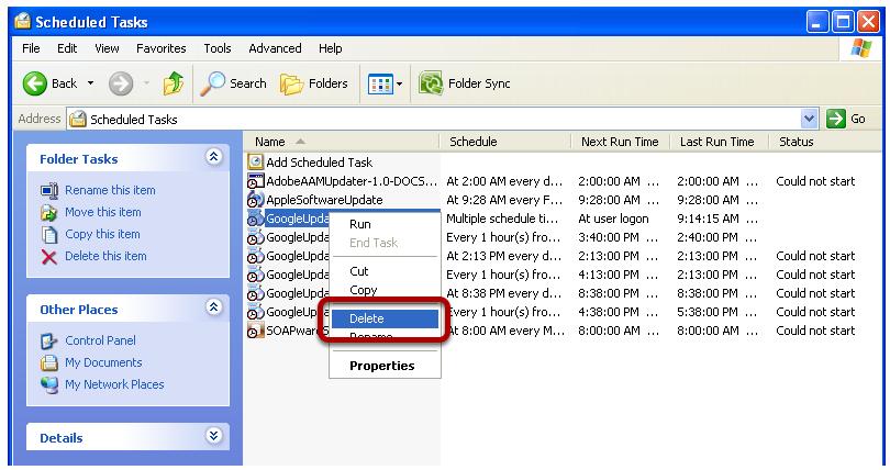 Delete Existing Schedule To delete an existing schedule, open the Scheduled Tasks control panel as mentioned above. Right click on the task and choose Delete.