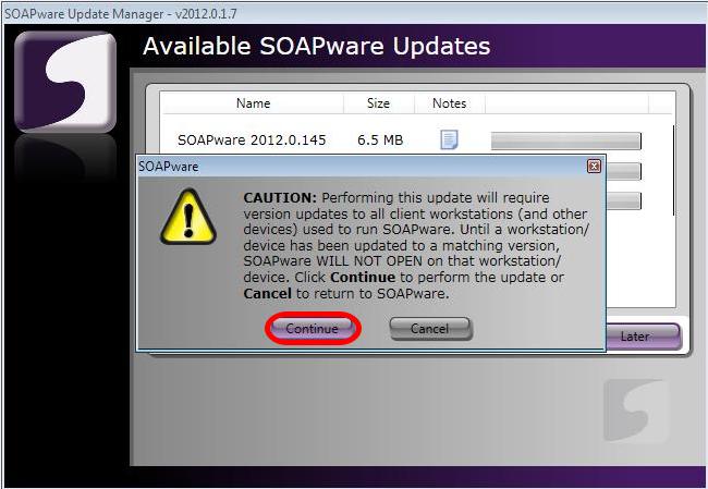 After clicking Install, the user will be notified that performing this update will require version updates to all clinic workstations that are used to run SOAPware.
