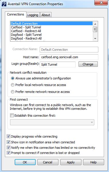 If Default Connection is selected, clicking the Properties button brings up the Connections Properties window. This tab displays information about the Host name and Login group (Realm).