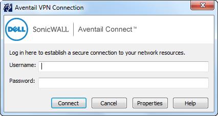 Depending on how your administrator has configured Aventail Connect, you may see a combination of these prompts: Type your username in the Username box.