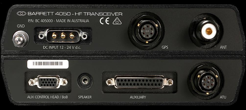 4050 HF SDR Rear panel Chassis Earth Connection - Use this socket to attach an earth connection. For example, vehicle chassis DC Input 13.