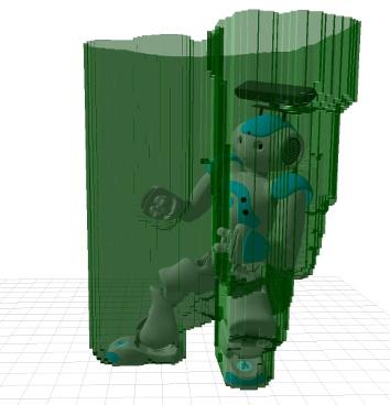 The top three images are snapshots of a 3D model of the robot executing the action along with the volume covered by the motion (green).