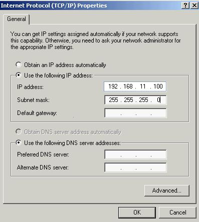 Chapter : 3. User interface Select «Ethernet (TCP/IP)». Properties. Enter the addresses as shown above. NOTE: IP address 192.168.11.100 shown above can be used if GENSYS 2.0 IP address is 192.168.11.1 (factory setting).