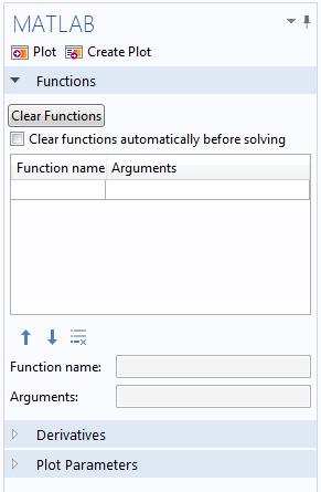DEFINING THE MATLAB FUNCTION This figure illustrates the MATLAB settings window: Under Functions, define the function name and the list of the function arguments.
