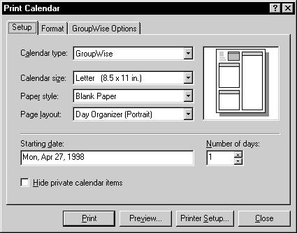 2 Click a calendar type in the Calendar Type drop-down list. You can see what the printed text will look like in the View box. 3 Click an option in the Calendar Size drop-down list.